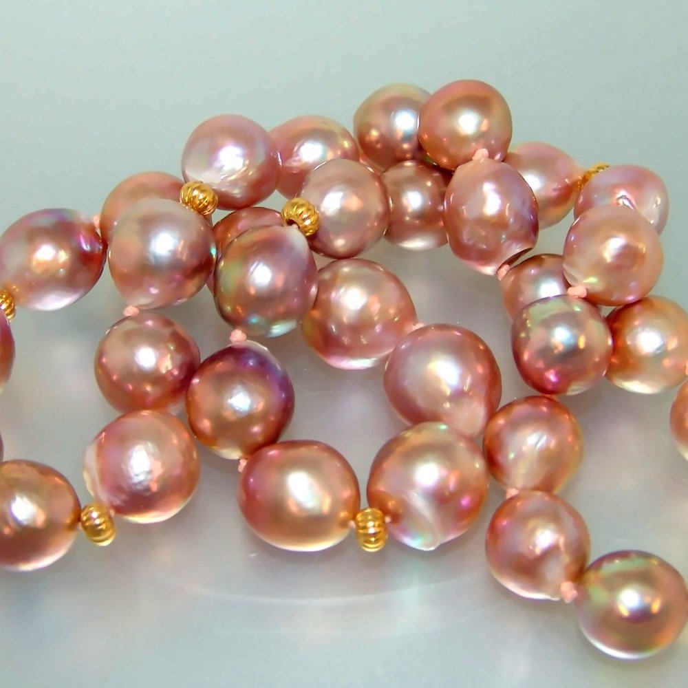 14K Gold Clasp Pink Purple 14mm Pearl Necklace Edison Cultured Pearl Necklace